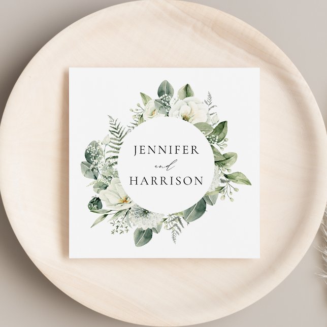 White Flowers and Greenery Personalised Wedding Napkin (Creator Uploaded)