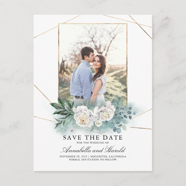 White Flowers and Greenery Photo Save the Date Announcement Postcard (Front)