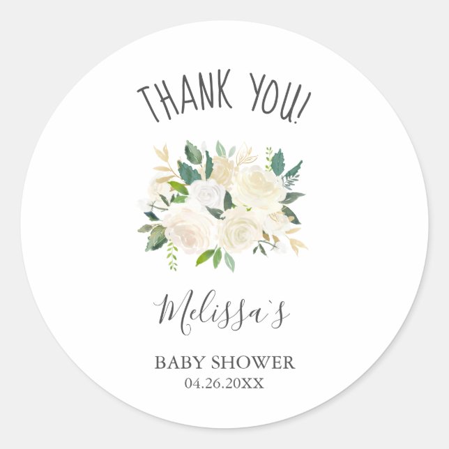 White Flowers And Greenery Thank You Baby Shower Classic Round Sticker (Front)