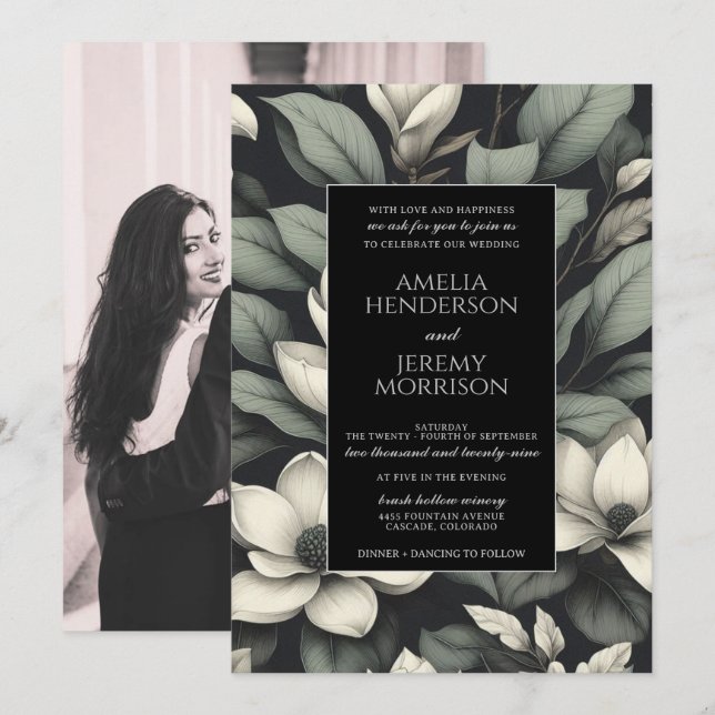 White Flowers and Greenery Wedding Invitation (Front/Back)