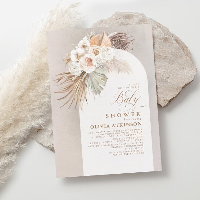 White Flowers and Pampas Grass Boho Baby Shower Invitation (Creator Uploaded)