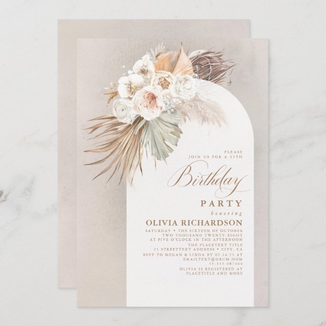 White Flowers and Pampas Grass Boho Birthday Invitation (Front/Back)