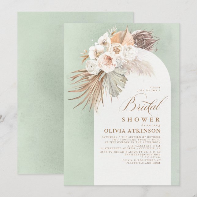 White Flowers and Pampas Grass Boho Bridal Shower Invitation (Front/Back)