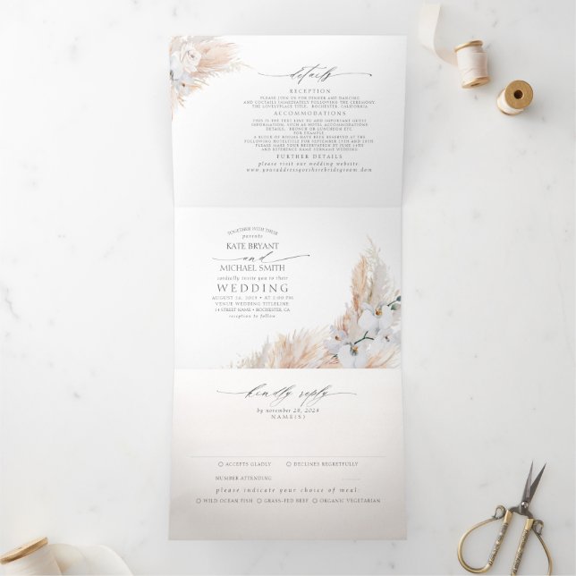 White Flowers and Pampas Grass Elegant Wedding Tri-Fold Invitation (Inside)