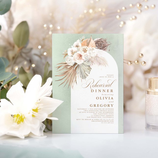 White Flowers and Pampas Grass Rehearsal Dinner Invitation (Sage Boho Rehearsal Dinner Invitations)