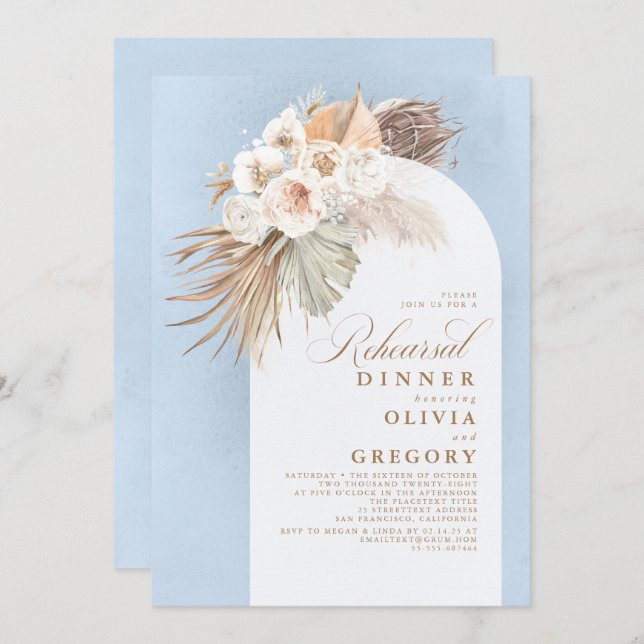 White Flowers and Pampas Grass Rehearsal Dinner Invitation (Front/Back)