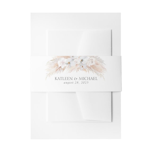 White Flowers and Pampas Grass Wedding Invitation Belly Band (Front Example)