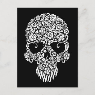 White Flowers and Vines Skull Design on Black Postcard