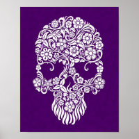 White Flowers and Vines Skull Design on Purple