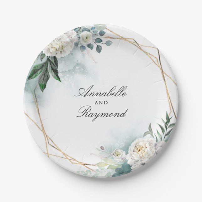 White Flowers and Watercolor Greenery Elegant Paper Plate (Front)