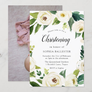 White Flowers Baby Photo Christening Baptism Invitation