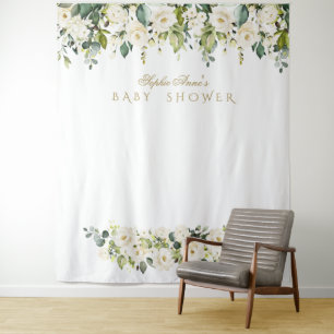 White Flowers Baby Shower Photo Booth Backdrop Tapestry