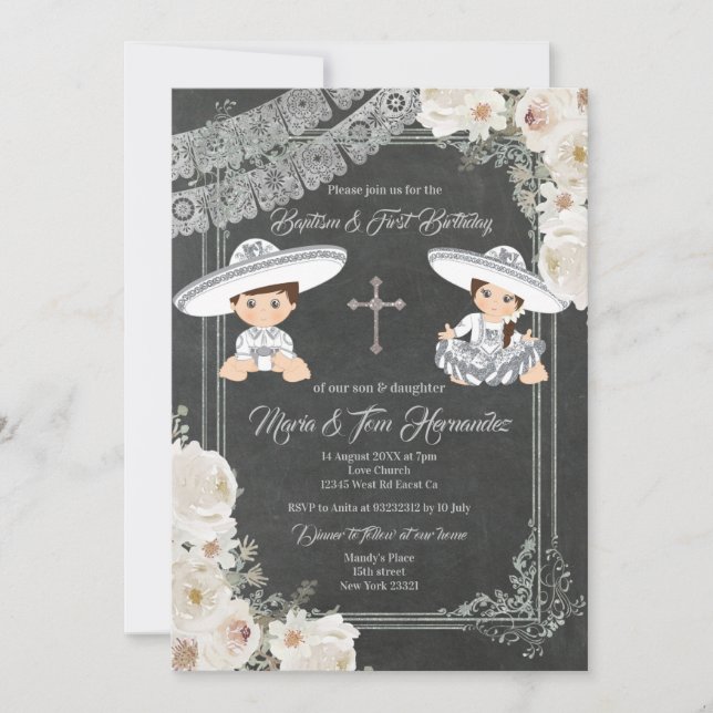 White Flowers Baptism and Birthday Fiesta Twin   Invitation (Front)