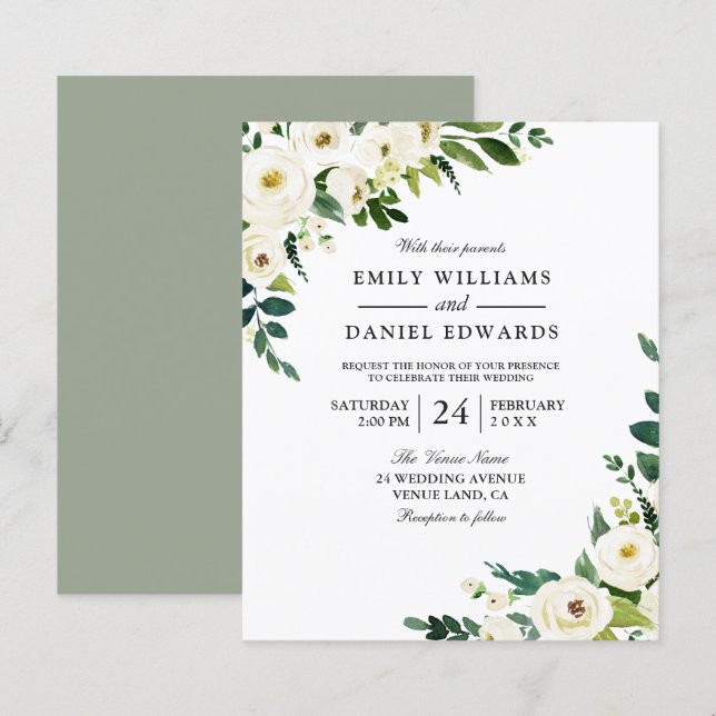 White Flowers Beautiful Budget Wedding Invitation (Front/Back)