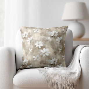 White Flowers Beige Cushion