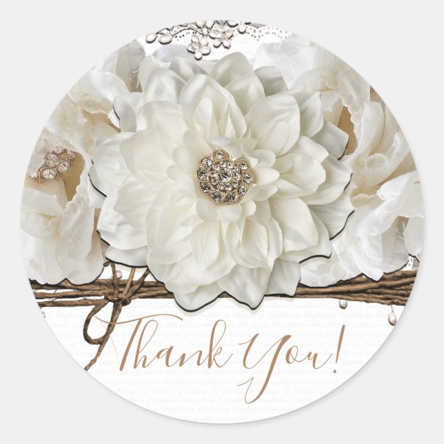 White Flowers & Birch Rustic Glam Bridal Shower Classic Round Sticker (Front)