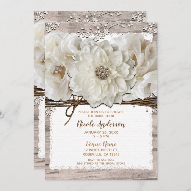 White Flowers & Birch Rustic Glam Bridal Shower Invitation (Front/Back)