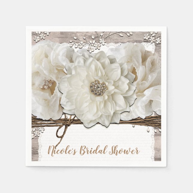 White Flowers & Birch Rustic Glam Bridal Shower Napkin (Front)