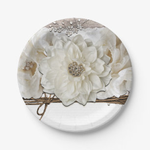 White Flowers & Birch Rustic Glam Bridal Shower Paper Plate