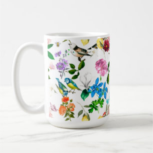 White flowers,birds,bees,lemon,butterflies,  coffee mug