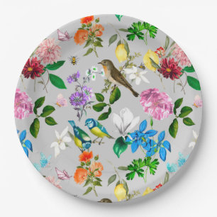 White flowers,birds,bees,lemon,butterflies,   paper plate