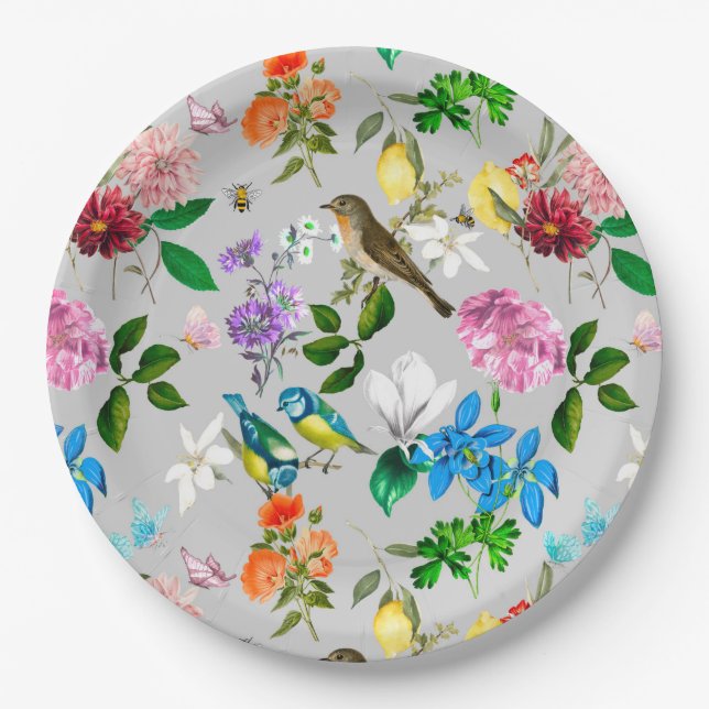 White flowers,birds,bees,lemon,butterflies,   paper plate (Front)