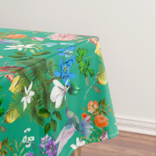 White flowers,birds,bees,lemon,butterflies,  tablecloth