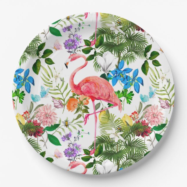 White flowers,birds,flamingo,bees,   paper plate (Front)