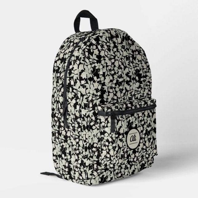 White flowers black background printed backpack (Back Corner Left)