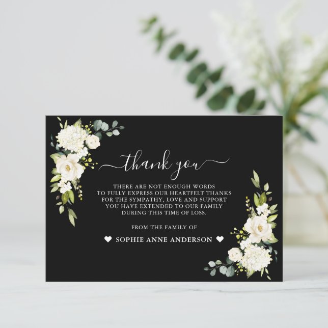 White flowers Black Photo In Loving Memory  Thank You Card (Standing Front)