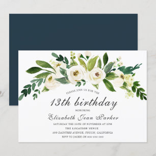 White Flowers Blooming 13th Birthday Party Invite