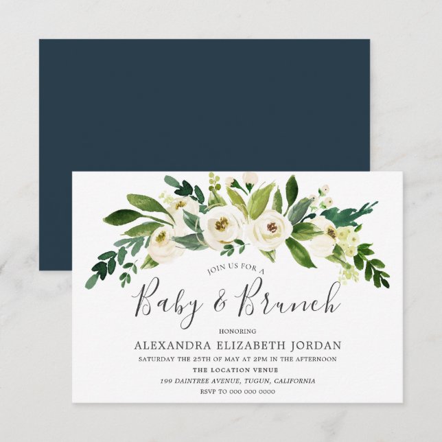 White Flowers Blooming Baby & Brunch Invitation (Front/Back)