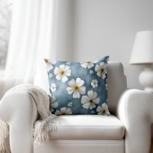White Flowers Blue Cushion