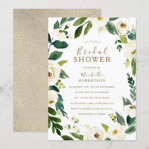White Flowers Botanical Wreath Bridal Shower Invitation
