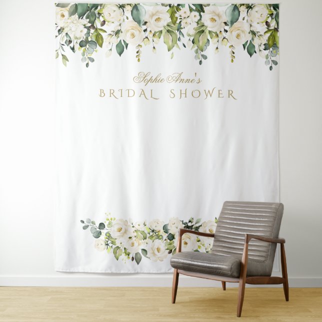 White Flowers Bridal Shower Photo Booth Backdrop Tapestry (In Situ)