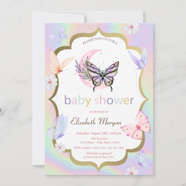 White Flowers Butterflies Holographic Baby Shower  Invitation (Front)