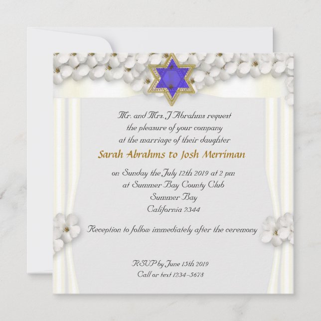 White flowers canopy jewish wedding invitation (Front)