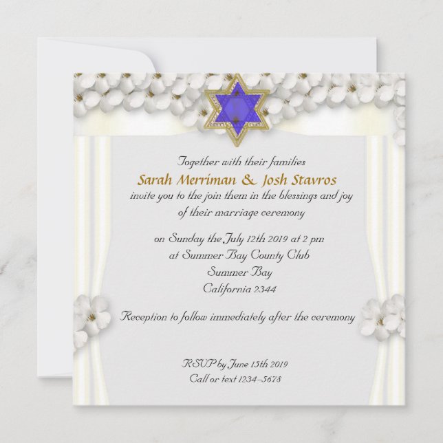 White flowers canopy Jewish wedding Invitation (Front)
