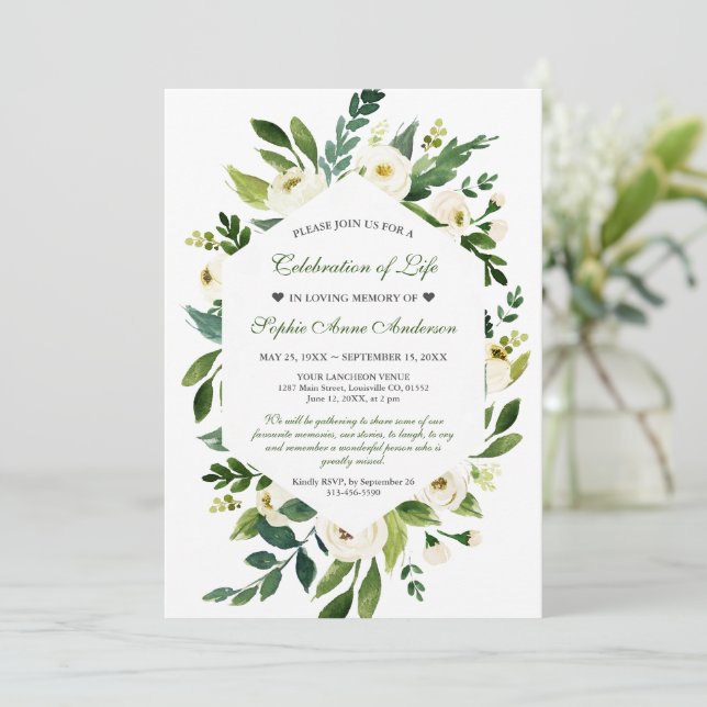 White Flowers Celebration of Life Funeral Memorial Invitation (Standing Front)