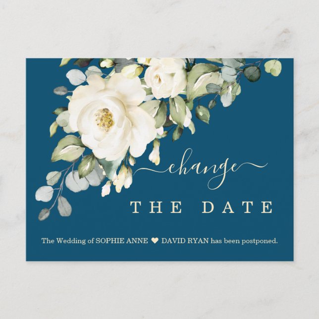 White Flowers Change The Date Wedding Postponed Postcard (Front)