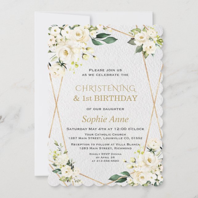 White Flowers Christening 1st Birthday Party  Invitation (Front)