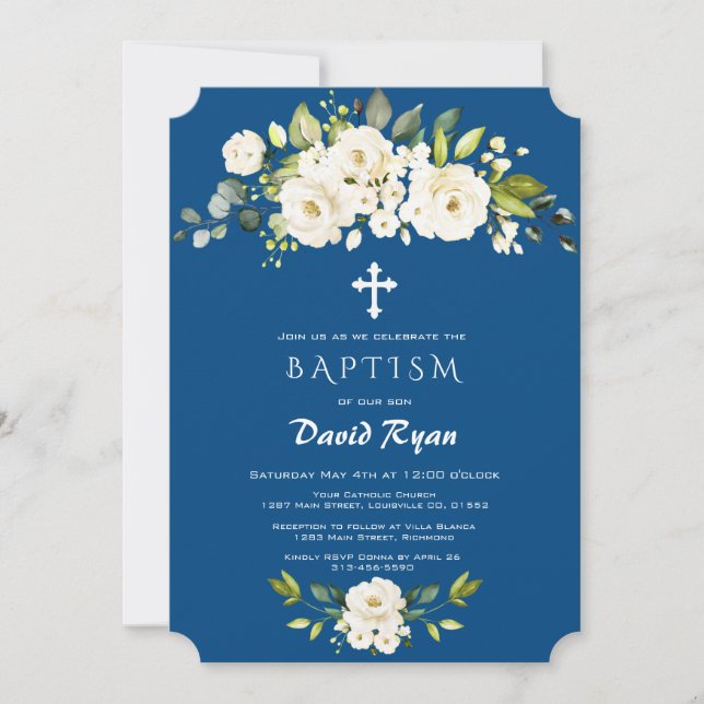 White Flowers Classic Blue Boy Baptism Invitation (Front)