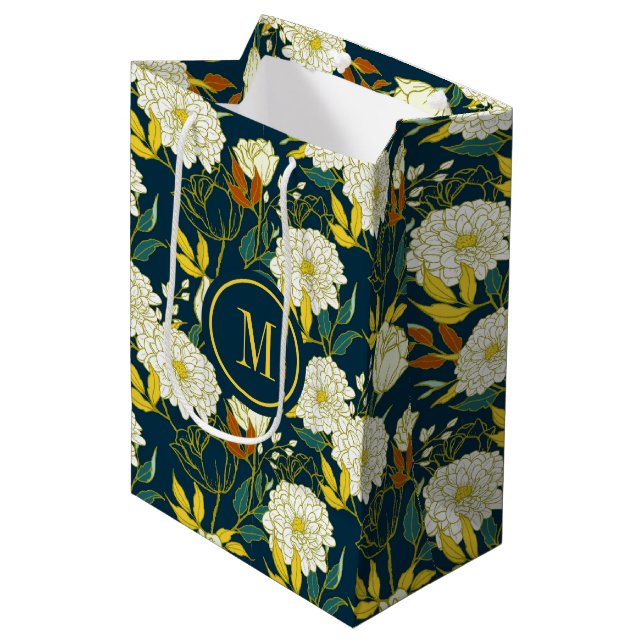 White flowers colourful leaves pattern medium gift bag (Front Angled)
