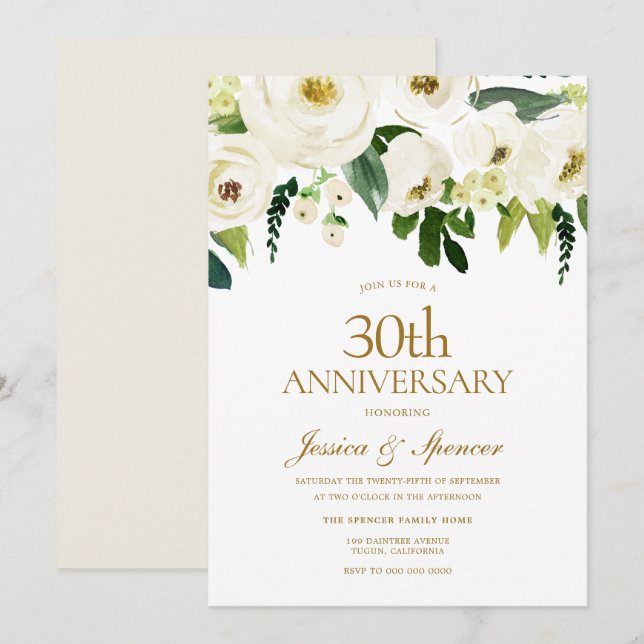 White Flowers & Cream 30th Wedding Anniversary Invitation (Front/Back)