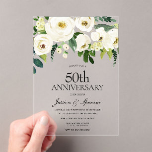 White Flowers & Cream 50th Wedding Anniversary Acrylic Invitations