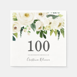 White Flowers & Cream Elegant 100th Birthday Napkin