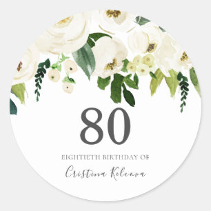 White Flowers & Cream Elegant 80th Birthday Classic Round Sticker
