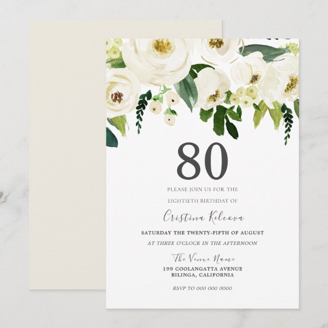 White Flowers & Cream Elegant 80th Birthday Party Invitation (Front/Back)