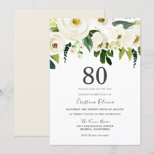 White Flowers & Cream Elegant 80th Birthday Party Invitation