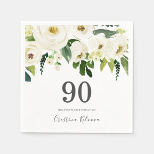 White Flowers & Cream Elegant 90th Birthday Napkin